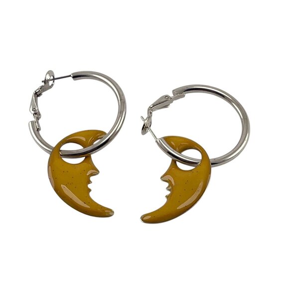 Mystical Moon Glow Hoop Earrings With Yellow Crescent Charms - Picture 2 of 7